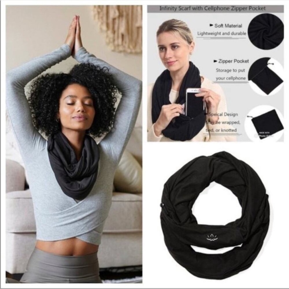 Beyond Yoga Black Infinity Scarf With Cellphone Zippered Pocket